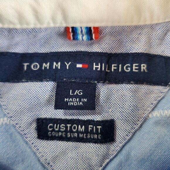 Tommy Hilfiger Shirt Mens Large Blue Square Stitch Custom Fit Button Up - Picture 3 of 8